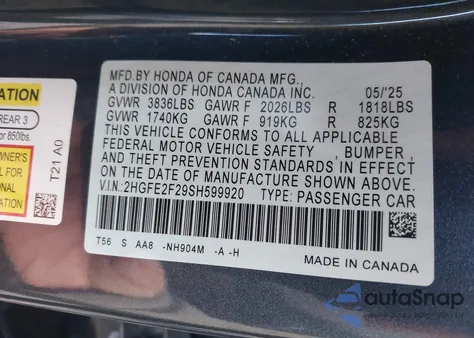 2025 Honda Civic Lx z USA, uszkodzony, nr VIN 2HGFE2F29SH599920